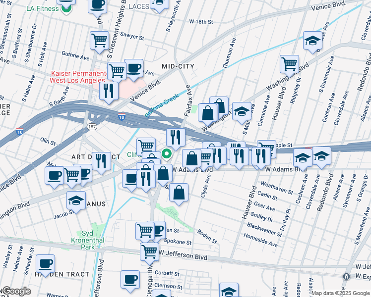 map of restaurants, bars, coffee shops, grocery stores, and more near 2532 South Genesee Avenue in Los Angeles