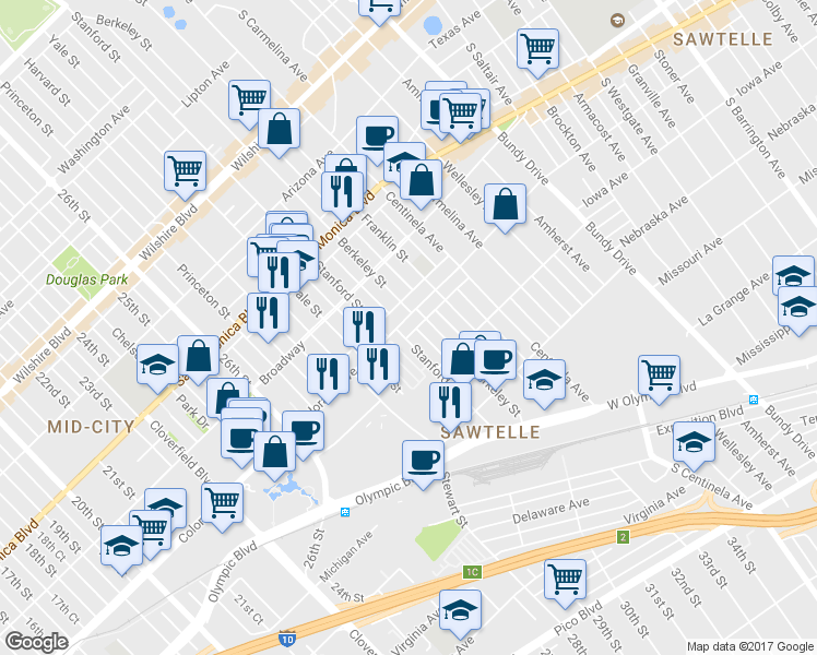 map of restaurants, bars, coffee shops, grocery stores, and more near 2944 Colorado Avenue in Santa Monica