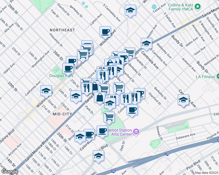 map of restaurants, bars, coffee shops, grocery stores, and more near 1452 Harvard Street in Santa Monica