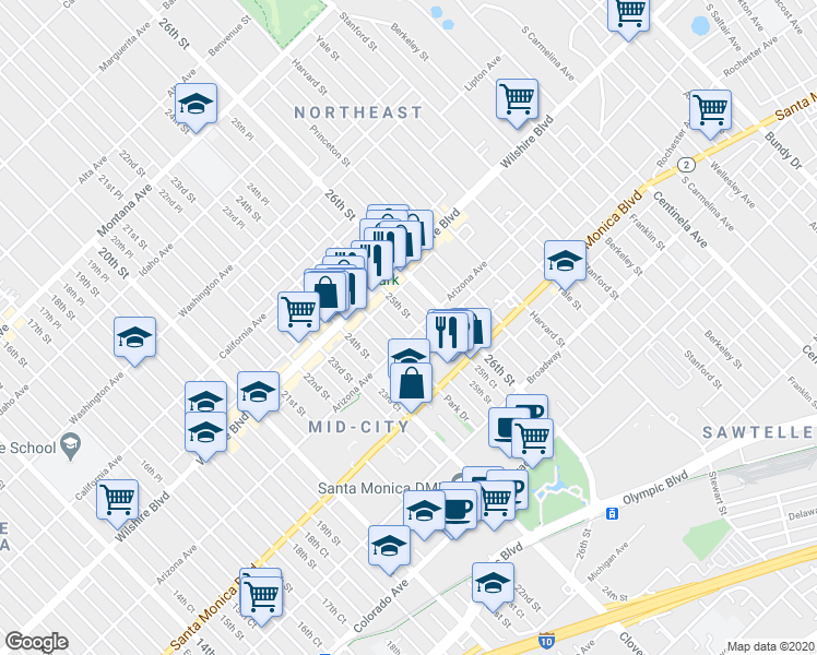 map of restaurants, bars, coffee shops, grocery stores, and more near 1253 Chelsea Avenue in Santa Monica