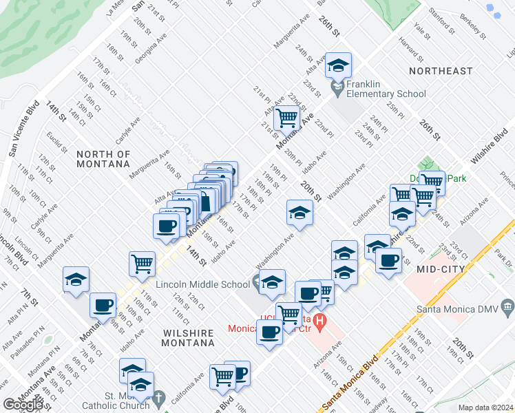 map of restaurants, bars, coffee shops, grocery stores, and more near 853 17th Street in Santa Monica