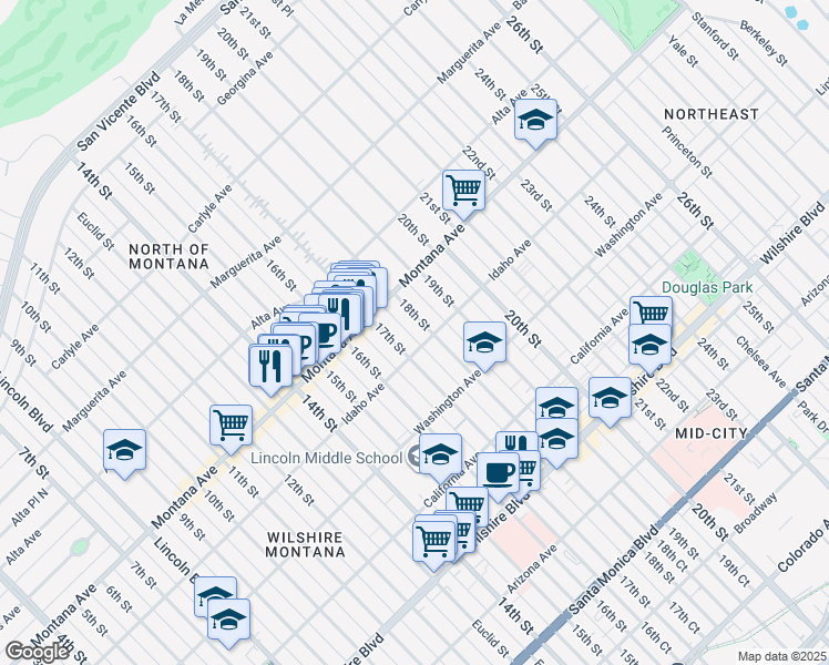 map of restaurants, bars, coffee shops, grocery stores, and more near 853 17th Street in Santa Monica