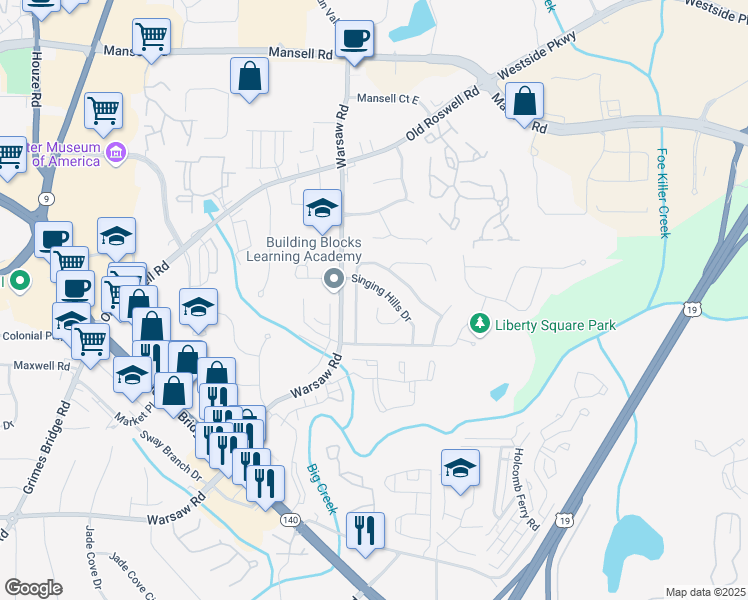 map of restaurants, bars, coffee shops, grocery stores, and more near 710 Singing Hills Court in Roswell