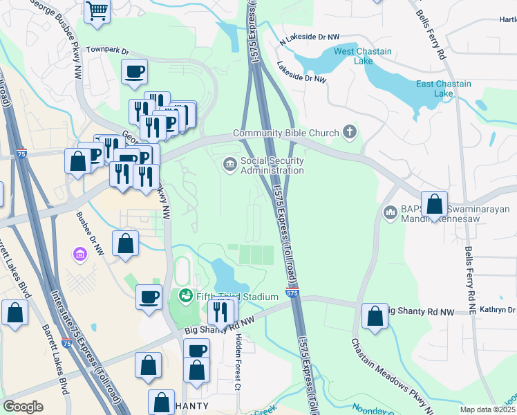 map of restaurants, bars, coffee shops, grocery stores, and more near 3352 Chastain Gardens Drive Northwest in Kennesaw