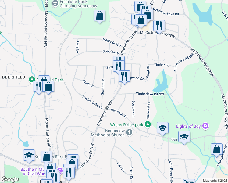 map of restaurants, bars, coffee shops, grocery stores, and more near 3338 Cranston Lane in Kennesaw