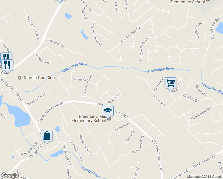 map of restaurants, bars, coffee shops, grocery stores, and more near 2405 Landrum Court in Lawrenceville