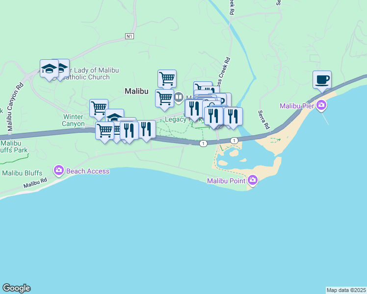 map of restaurants, bars, coffee shops, grocery stores, and more near 107 Malibu Colony Road in Malibu