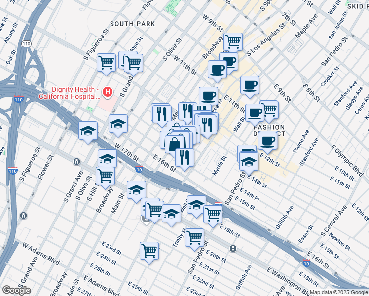 map of restaurants, bars, coffee shops, grocery stores, and more near 1437 Santee Street in Los Angeles