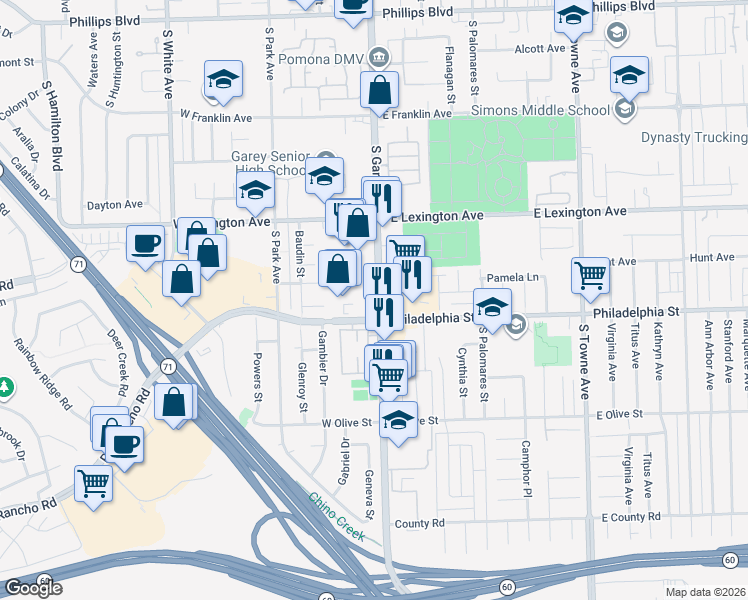 map of restaurants, bars, coffee shops, grocery stores, and more near 2085 South Garey Avenue in Pomona