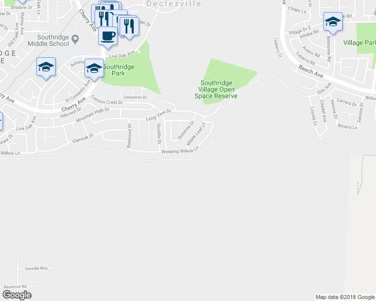 map of restaurants, bars, coffee shops, grocery stores, and more near 12357 Maple Leaf Lane in Fontana