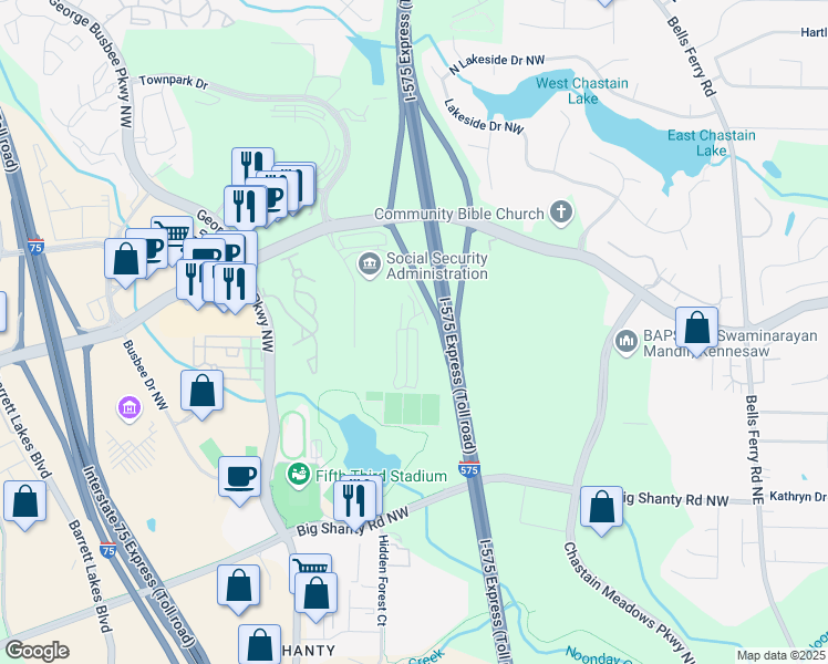 map of restaurants, bars, coffee shops, grocery stores, and more near 3352 Chastain Gardens Drive Northwest in Kennesaw