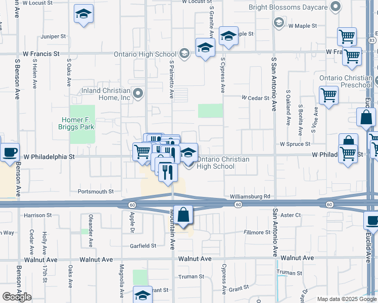 map of restaurants, bars, coffee shops, grocery stores, and more near 926 West Philadelphia Street in Ontario