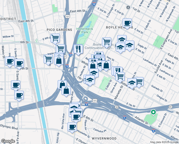 map of restaurants, bars, coffee shops, grocery stores, and more near 939 South Soto Street in Los Angeles