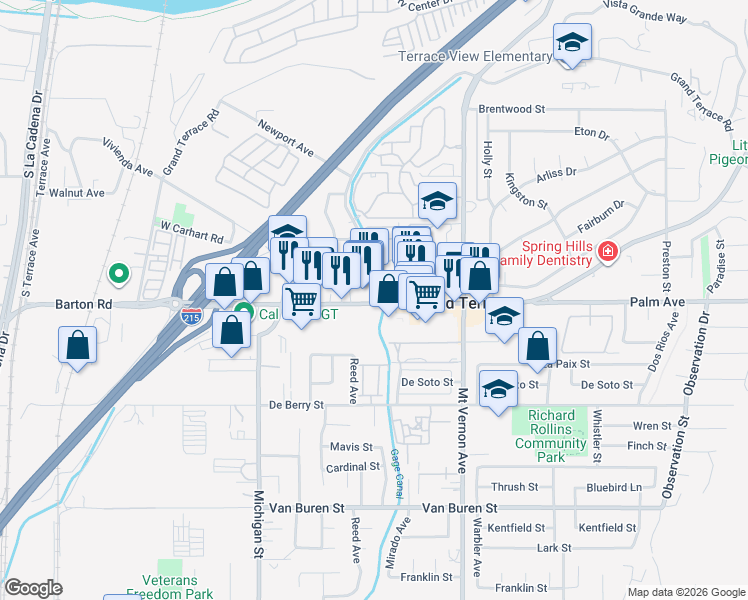 map of restaurants, bars, coffee shops, grocery stores, and more near 2 Barton Road in Redlands
