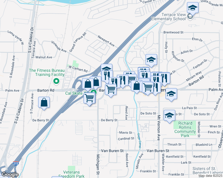 map of restaurants, bars, coffee shops, grocery stores, and more near 22200 Barton Road in Grand Terrace
