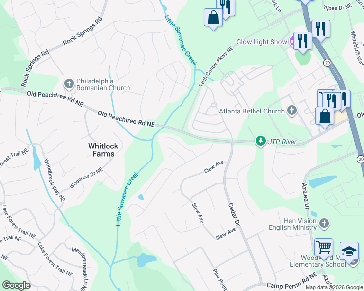 map of restaurants, bars, coffee shops, grocery stores, and more near Prada Court Northeast in Lawrenceville