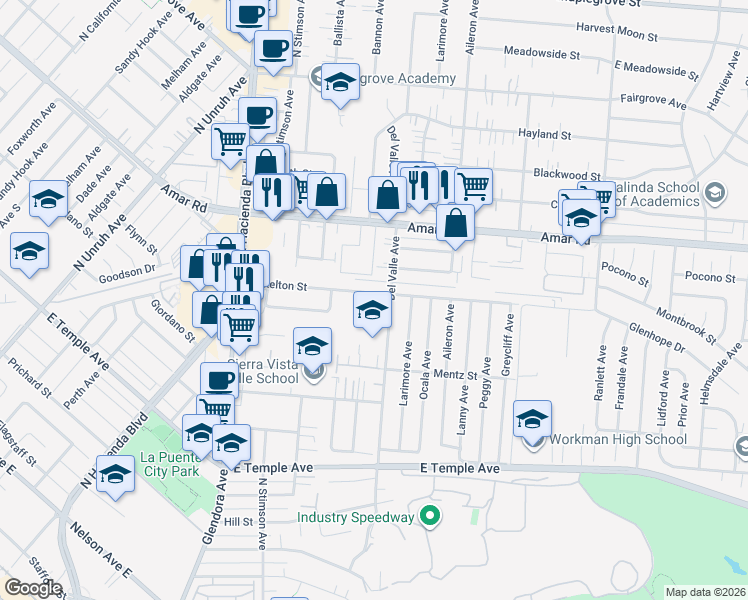 map of restaurants, bars, coffee shops, grocery stores, and more near 15664 Loukelton Street in La Puente