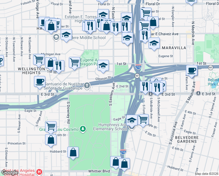 map of restaurants, bars, coffee shops, grocery stores, and more near 42441/2 East 2nd Street in Los Angeles
