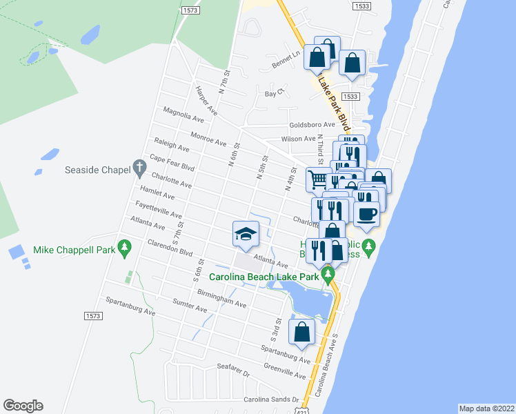 map of restaurants, bars, coffee shops, grocery stores, and more near 417 Charlotte Avenue in Carolina Beach