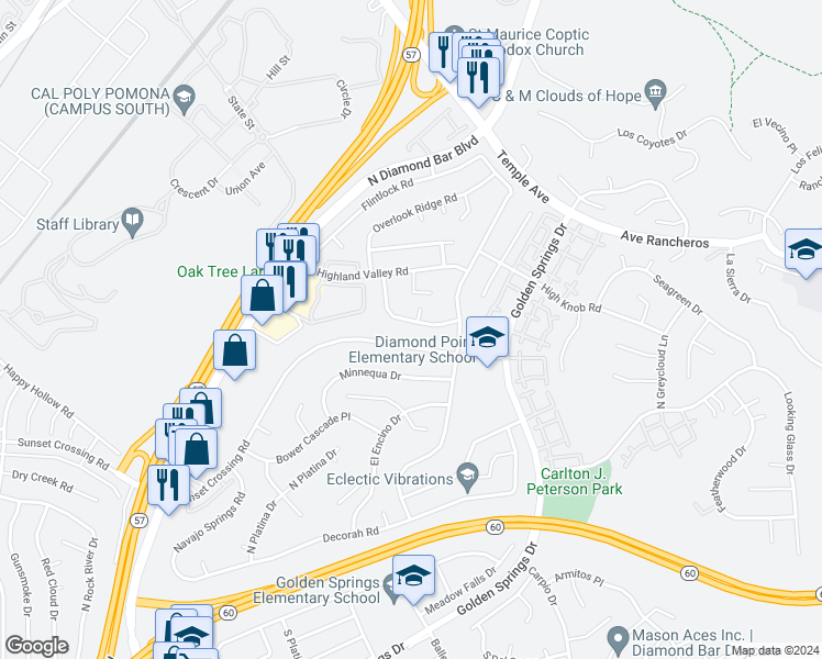 map of restaurants, bars, coffee shops, grocery stores, and more near 23930 Sapphire Canyon Road in Diamond Bar