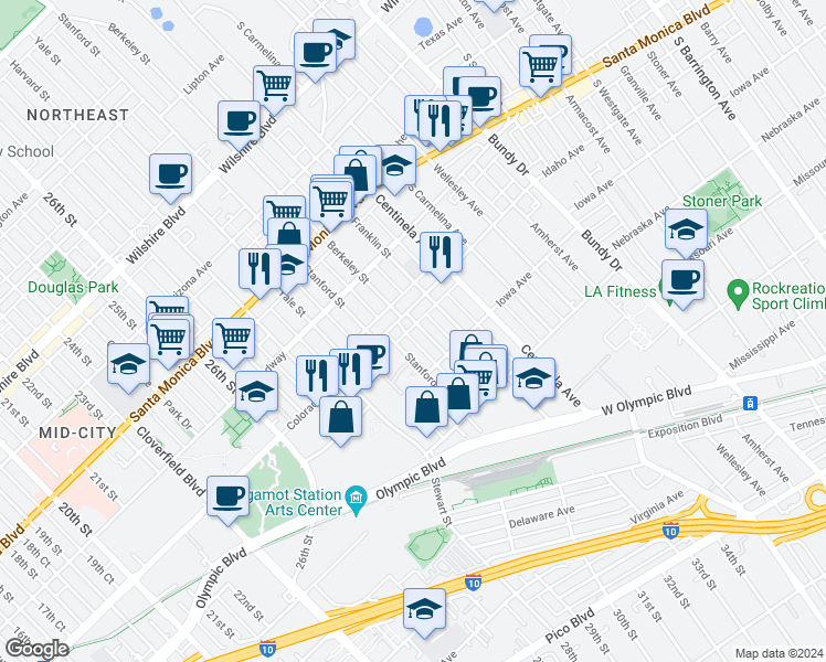 map of restaurants, bars, coffee shops, grocery stores, and more near 1618 Berkeley Street in Santa Monica