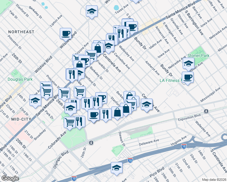 map of restaurants, bars, coffee shops, grocery stores, and more near 1618 Berkeley Street in Santa Monica