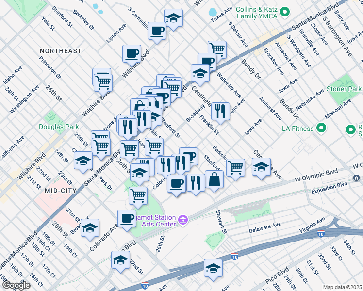 map of restaurants, bars, coffee shops, grocery stores, and more near 1538 Stanford Street in Santa Monica