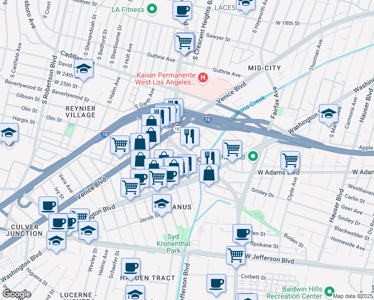 map of restaurants, bars, coffee shops, grocery stores, and more near 2618 Cullen Street in Los Angeles