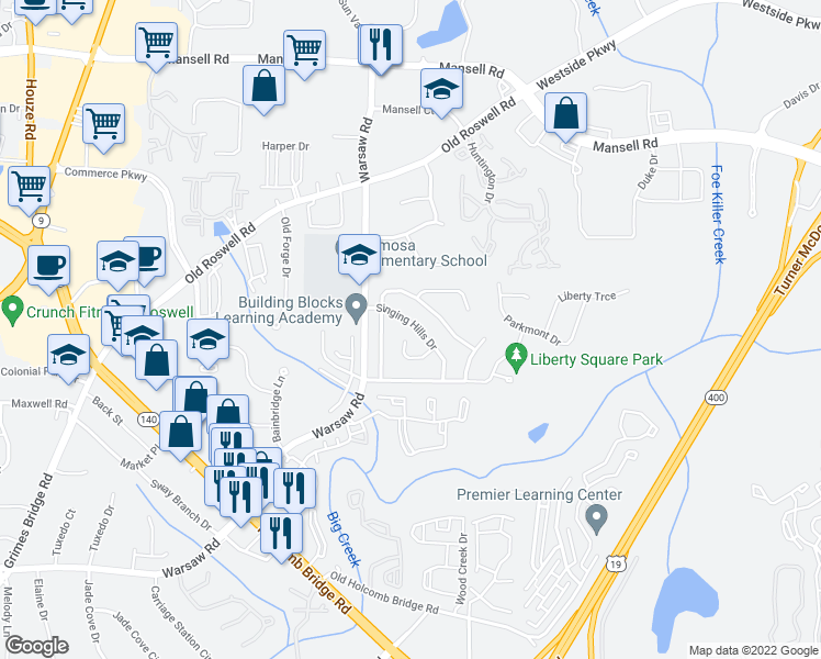 map of restaurants, bars, coffee shops, grocery stores, and more near 875 Singing Hills Drive in Roswell