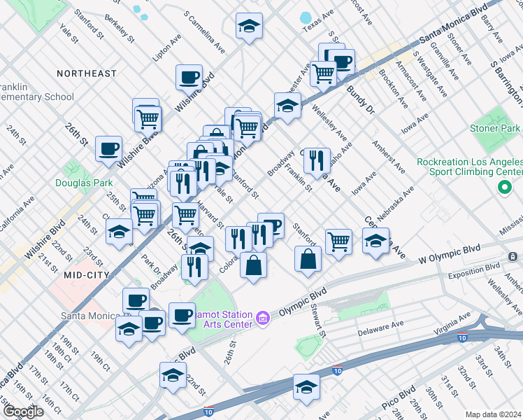 map of restaurants, bars, coffee shops, grocery stores, and more near 1538 Stanford Street in Santa Monica