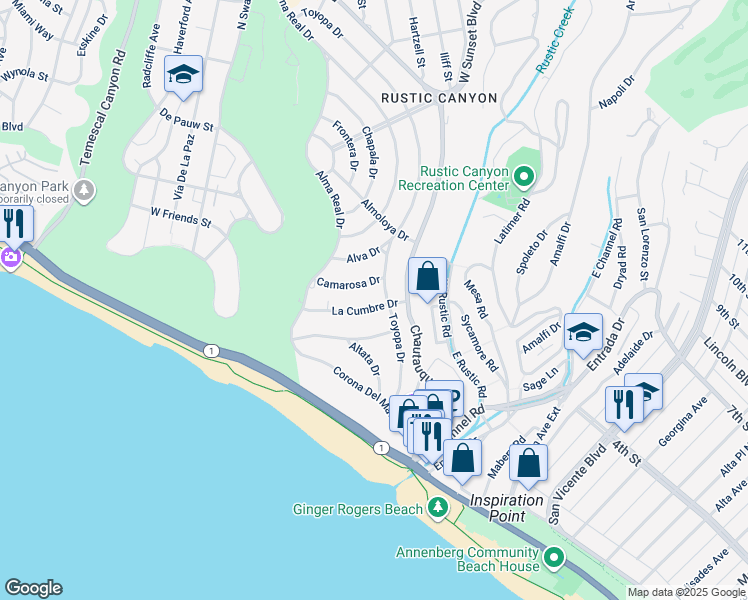 map of restaurants, bars, coffee shops, grocery stores, and more near 14909 La Cumbre Drive in Los Angeles