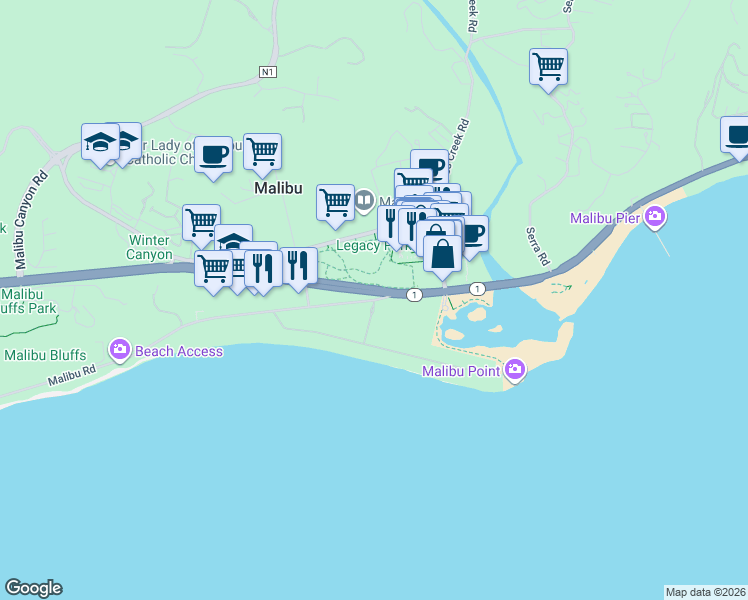 map of restaurants, bars, coffee shops, grocery stores, and more near 107 Malibu Colony Road in Malibu
