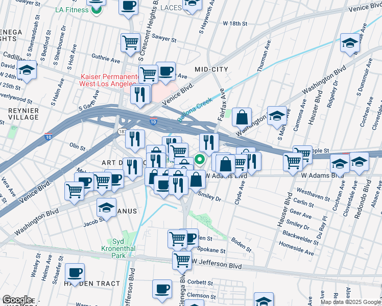 map of restaurants, bars, coffee shops, grocery stores, and more near 5800 Washington Boulevard in Culver City