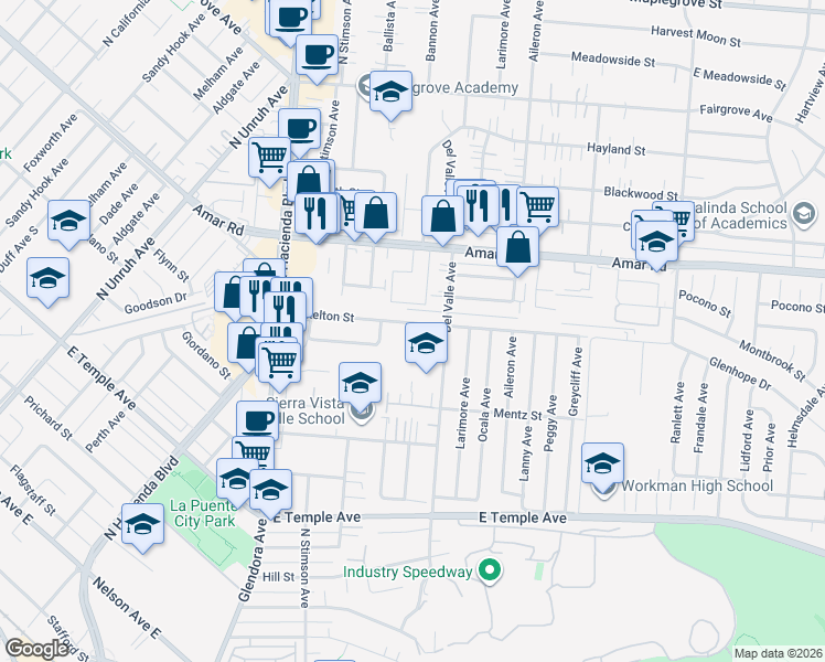 map of restaurants, bars, coffee shops, grocery stores, and more near 15664 Loukelton Street in La Puente