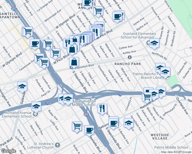 map of restaurants, bars, coffee shops, grocery stores, and more near 2605 Military Avenue in Los Angeles