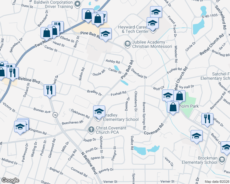 map of restaurants, bars, coffee shops, grocery stores, and more near 3228 Foxhall Road in Columbia