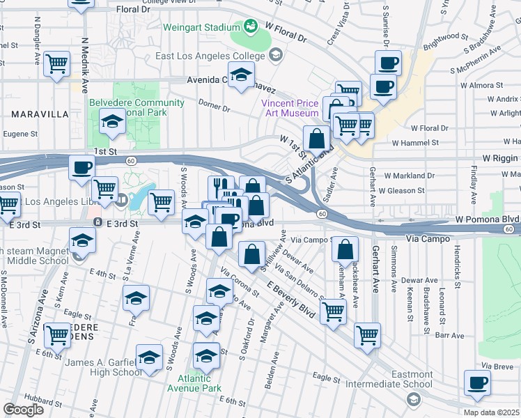 map of restaurants, bars, coffee shops, grocery stores, and more near 5255 Pomona Boulevard in East Los Angeles