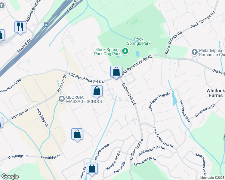 map of restaurants, bars, coffee shops, grocery stores, and more near 2909 Camplay Drive in Suwanee