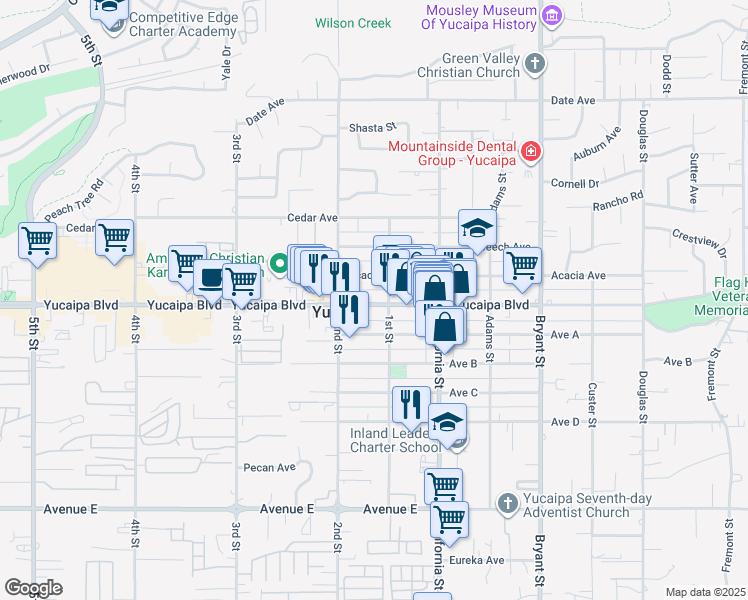 map of restaurants, bars, coffee shops, grocery stores, and more near 34972 Yucaipa Boulevard in Yucaipa