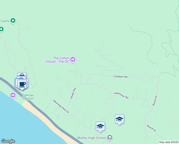 map of restaurants, bars, coffee shops, grocery stores, and more near 30127 Cuthbert Road in Malibu
