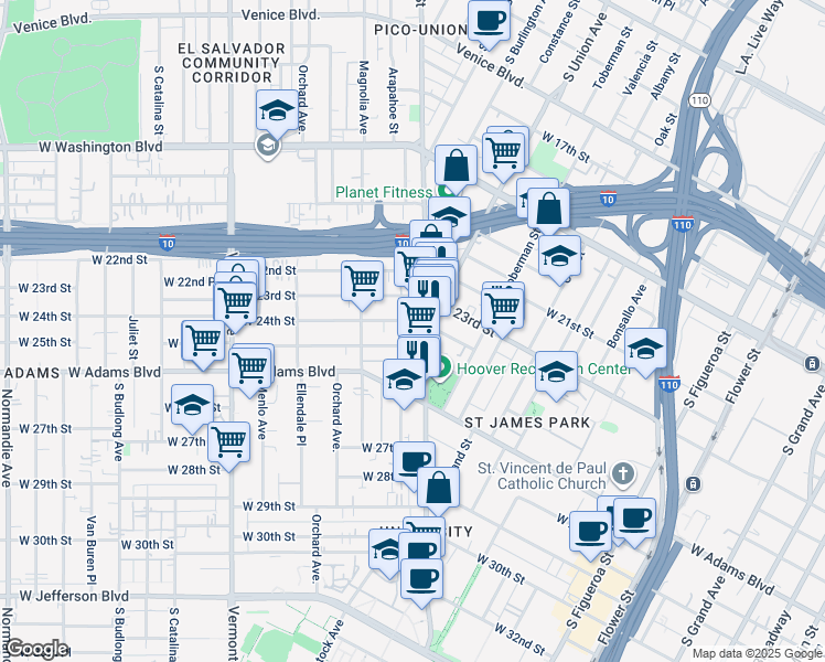 map of restaurants, bars, coffee shops, grocery stores, and more near 2501 Hoover Street in Los Angeles