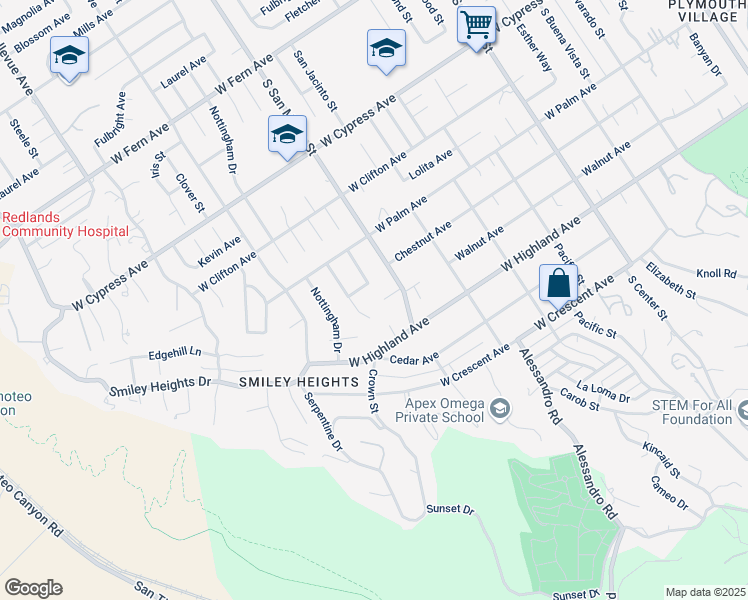 map of restaurants, bars, coffee shops, grocery stores, and more near 950 Sherwood Street in Redlands