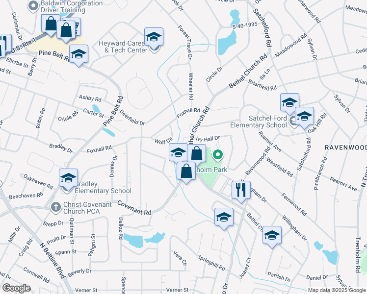 map of restaurants, bars, coffee shops, grocery stores, and more near 443 Bethel Church Road in Columbia