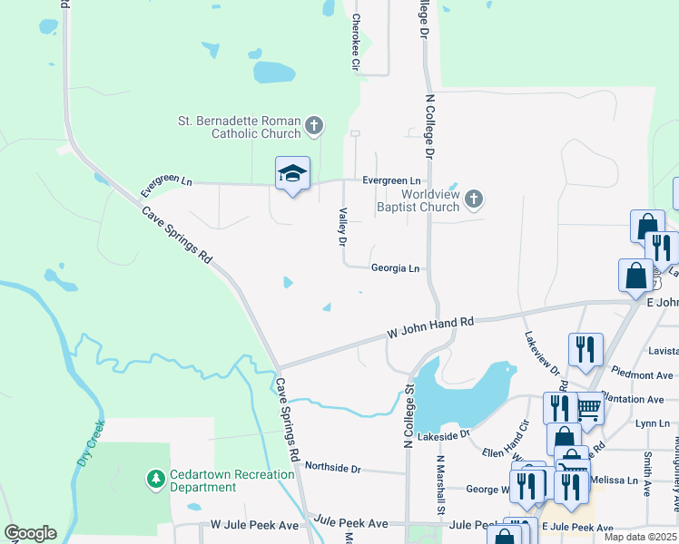 map of restaurants, bars, coffee shops, grocery stores, and more near 501 Georgia Lane in Cedartown