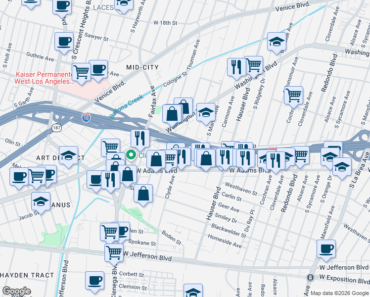 map of restaurants, bars, coffee shops, grocery stores, and more near 2524 Clyde Avenue in Los Angeles