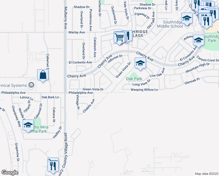 map of restaurants, bars, coffee shops, grocery stores, and more near 13963 Green Vista Drive in Fontana