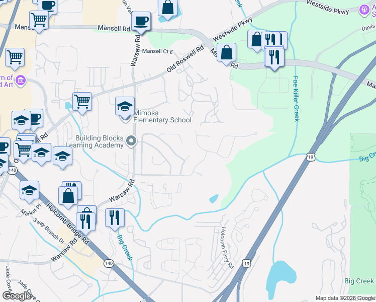 map of restaurants, bars, coffee shops, grocery stores, and more near 460 Worthington Hills Court in Roswell
