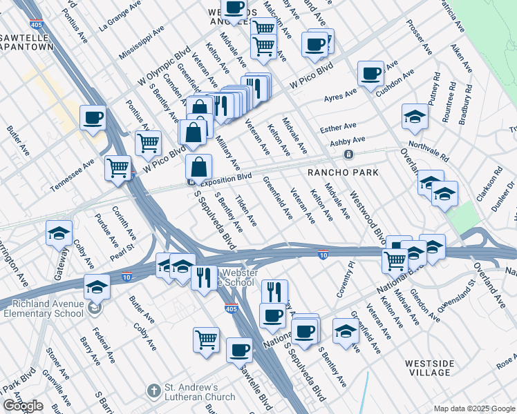 map of restaurants, bars, coffee shops, grocery stores, and more near 2605 Military Avenue in Los Angeles
