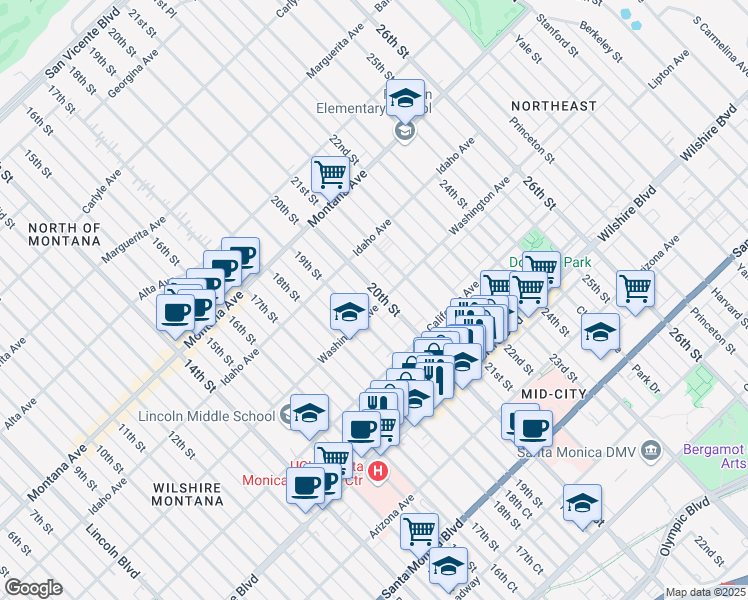 map of restaurants, bars, coffee shops, grocery stores, and more near 1927 Washington Avenue in Santa Monica