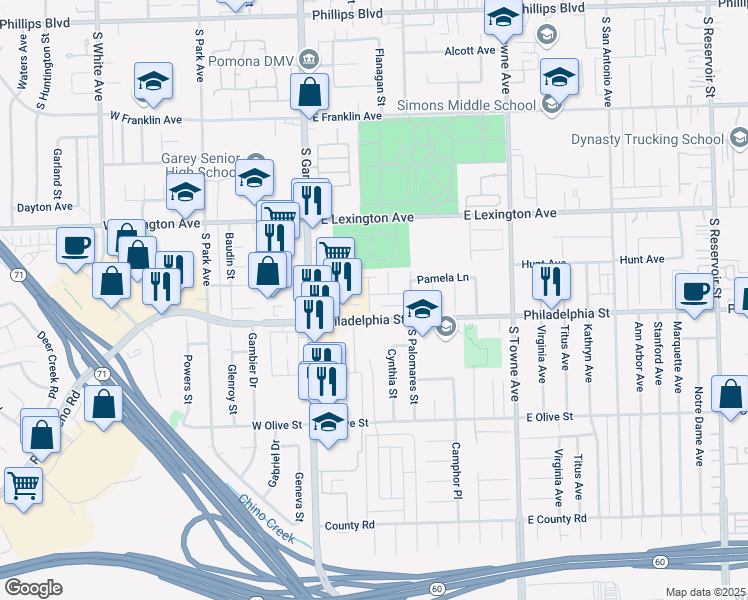 map of restaurants, bars, coffee shops, grocery stores, and more near 2064 Greenwood Lane in Pomona